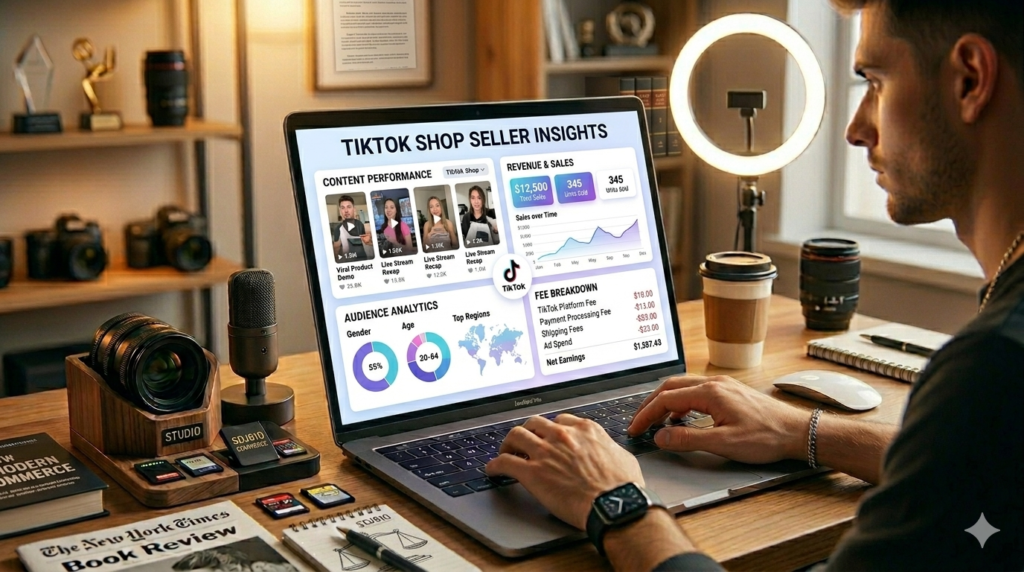 Modern creator-commerce hero image with a TikTok Shop seller, analytics dashboard, sales cards, fee breakdown, clean blue/purple UI, realistic style.